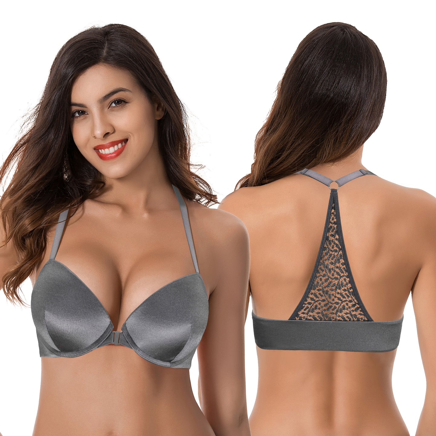 Women's Push Up Add 1 and a half Cup Underwire Halter Front Close Bras
