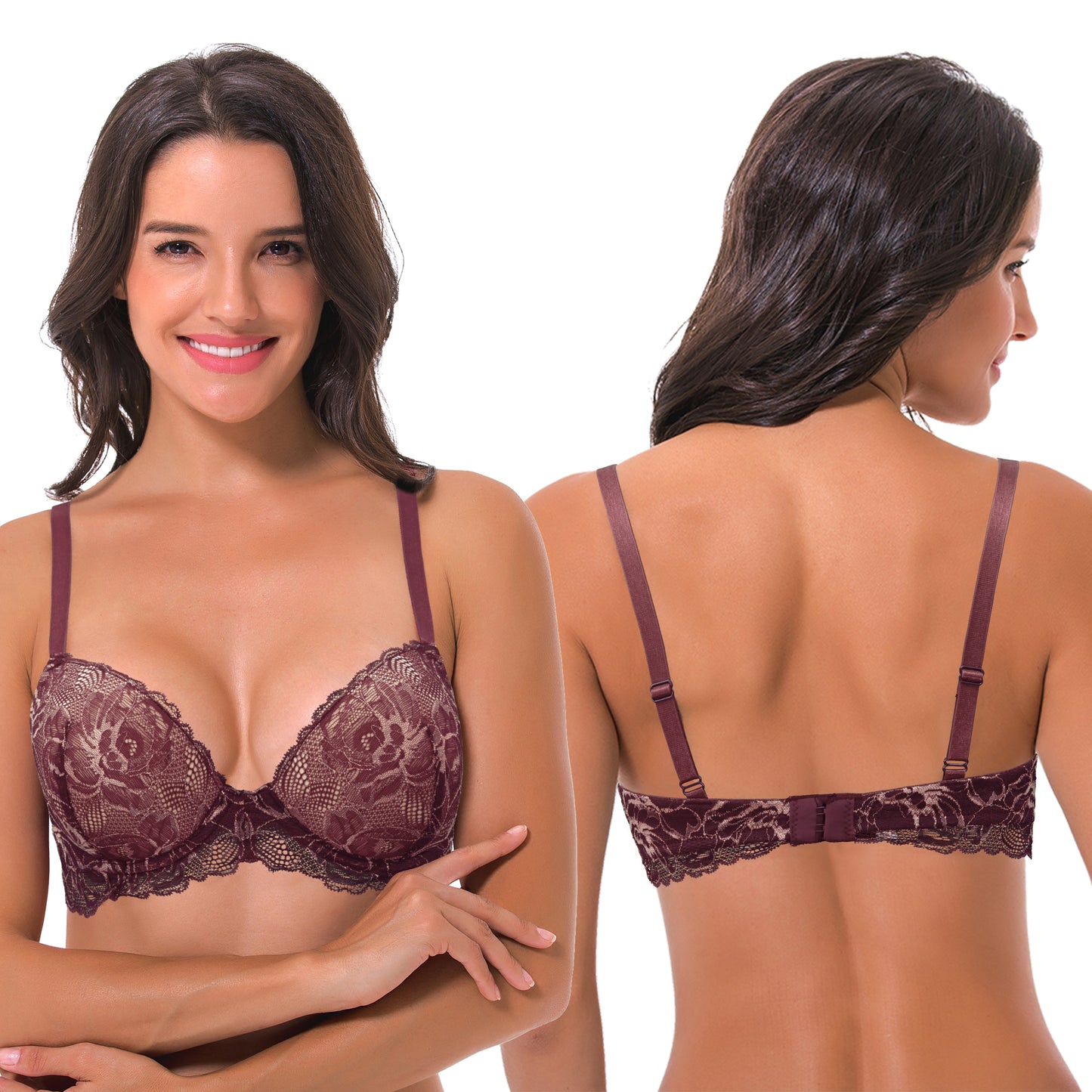 Women's Underwire Plus Size Push Up Add 1 and a Half Cup Lace Bras