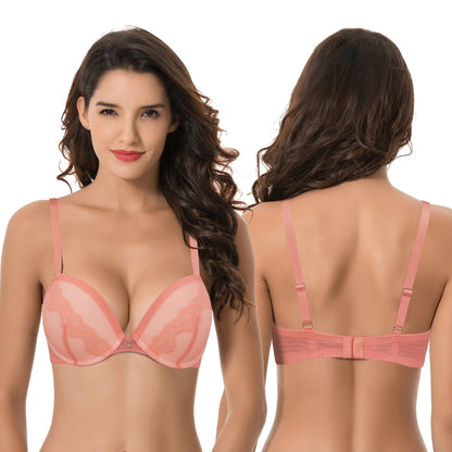 Women Plus Size Underwire Add 1 and a Half Cup Push Up Lace Mesh Bra-2PK-Coral,Navy