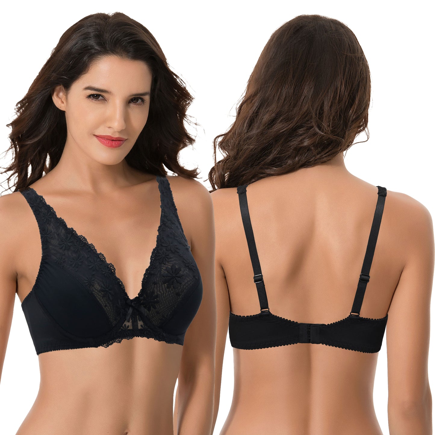 Women Plus Size Minimizer Underwire Unlined Bra with Embroidery Mesh-2pack-Black,Cream