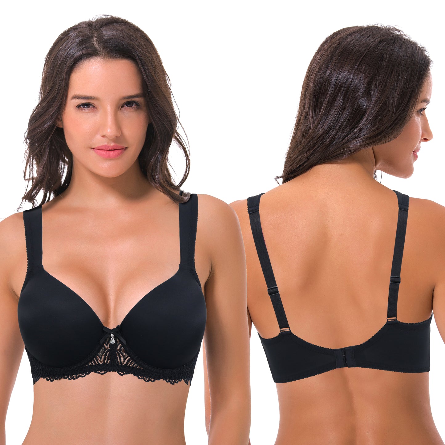 Women's Lightly Padded Underwire Lace Bra with Padded Shoulder Straps-2PK-BLACK,WINE